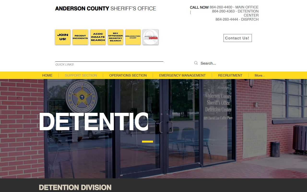 Anderson County Sheriff's Office Detention Bureau page with population and jail links