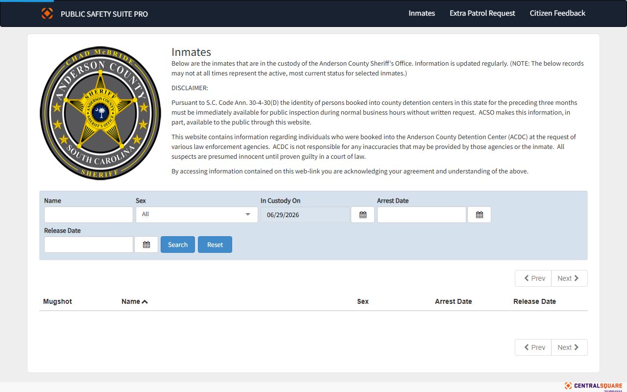 Anderson County inmate population roster search fields on the ACSO Zuercher portal