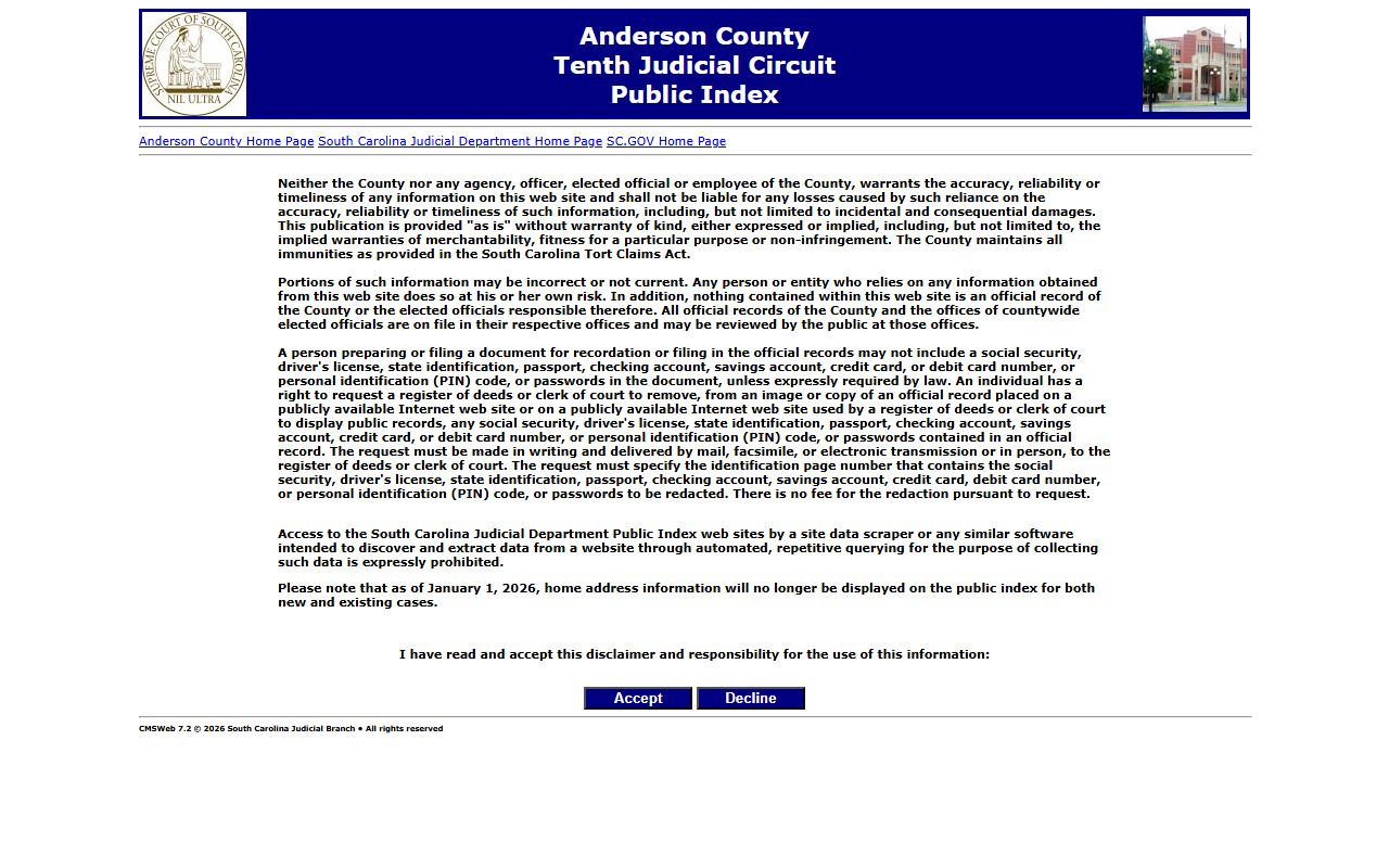 Anderson County court records after arrest Public Index case search page