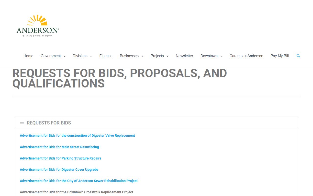 City of Anderson requests page listing detention center RFP materials